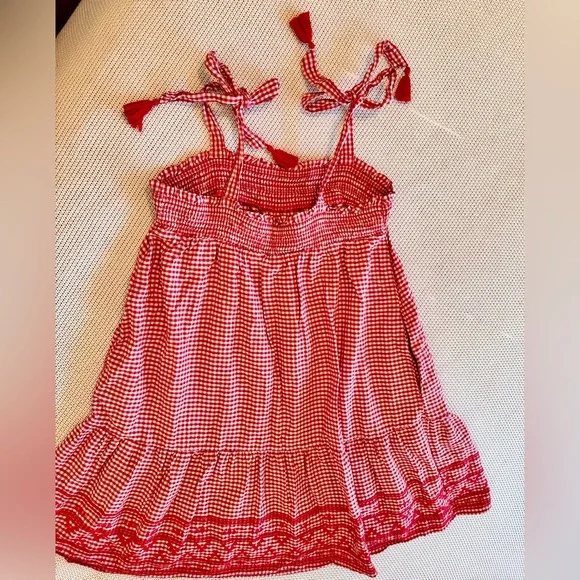 OLD NAVY Smocked Embroidered Tiered Red White Gingham Plaid Mini Dress w Pockets - Picture 9 of 14